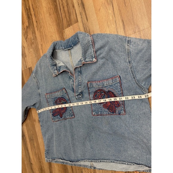 Boho Embroidered Denim Pullover Oversized Floral Boutique Art Top M L - Picture 7 of 8